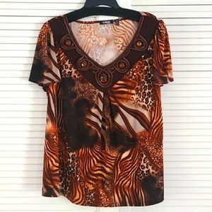 Elementz Woman Animal Print Blouse.  Size 2X.   Brown/ Black/ Rust